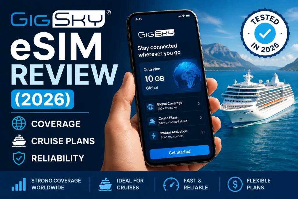 GigSky eSIM app displayed on a smartphone with a world map showing international coverage and cruise connectivity