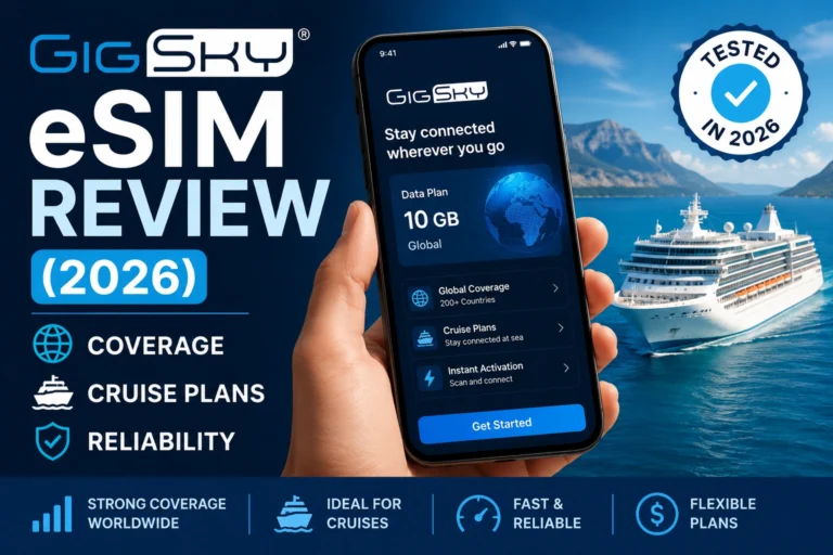 GigSky eSIM app displayed on a smartphone with a world map showing international coverage and cruise connectivity