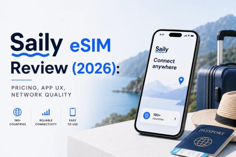 Smartphone displaying the Saily eSIM app with a global coverage map and mobile network connectivity for international travel