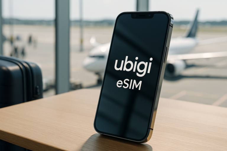 Ubigi eSIM app displayed on a smartphone with global coverage map in the background